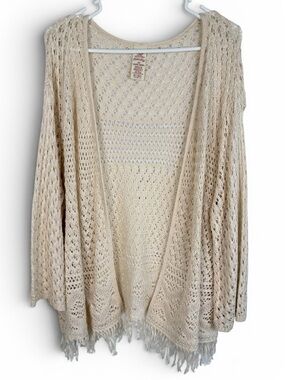 Faded Glory Open Knit Crochet Fringe Cardigan Boho Festival Cream 4X 26W-28W